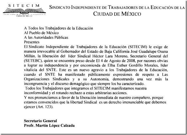 El Sitecim siempre confió en la inocencia del Profr. Lara moreno