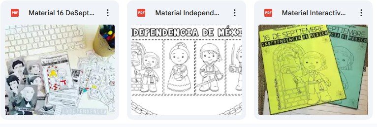 Material educativo sobre la independencia de México, incluyendo ilustraciones en blanco y negro y actividades interactivas.