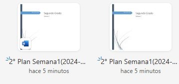 Dos archivos de documento en formato Word, titulados '2° Plan Semana1(2024-' y '2° Plan Semana1(2024-', con un diseño simple y un encabezado en la parte superior que indica 'Segundo Grado'.