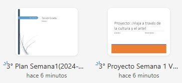 Imagen de dos documentos en miniatura: el primero titulado '3° Plan Semana1(2024-...)' y el segundo '3° Proyecto Semana 1 V...', ambos indicando que fueron creados hace 6 minutos.