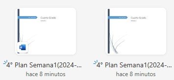 Documentos escolares de '4° Plan Semana 1' para cuarto grado, mostrando dos archivos recientes.