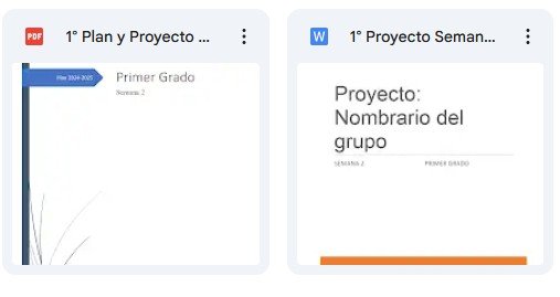 Vista previa de documentos para Primer Grado, Semana 2, incluyendo un PDF y un archivo de Word.