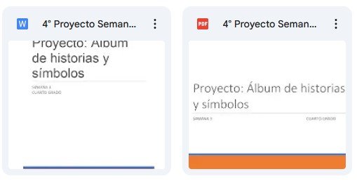 Documento de Word titulado 'Proyecto: Álbum de historias y símbolos' para la semana 1, cuarto grado.