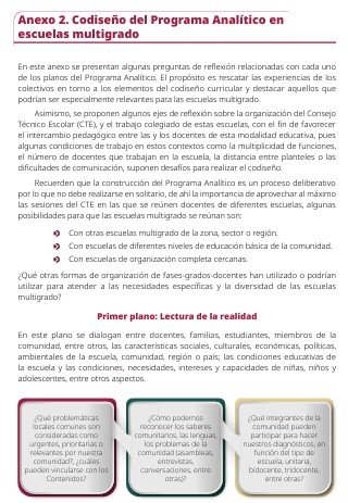 Página del Anexo 2 sobre el codiseño del Programa Analítico en escuelas multigrado, presentando preguntas de reflexión para la implementación del programa.