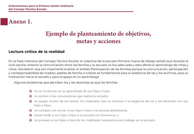 Documento titulado 'Ejemplo de planteamiento de objetivos, metas y acciones' que aborda la participación de las familias en la educación en un contexto escolar.